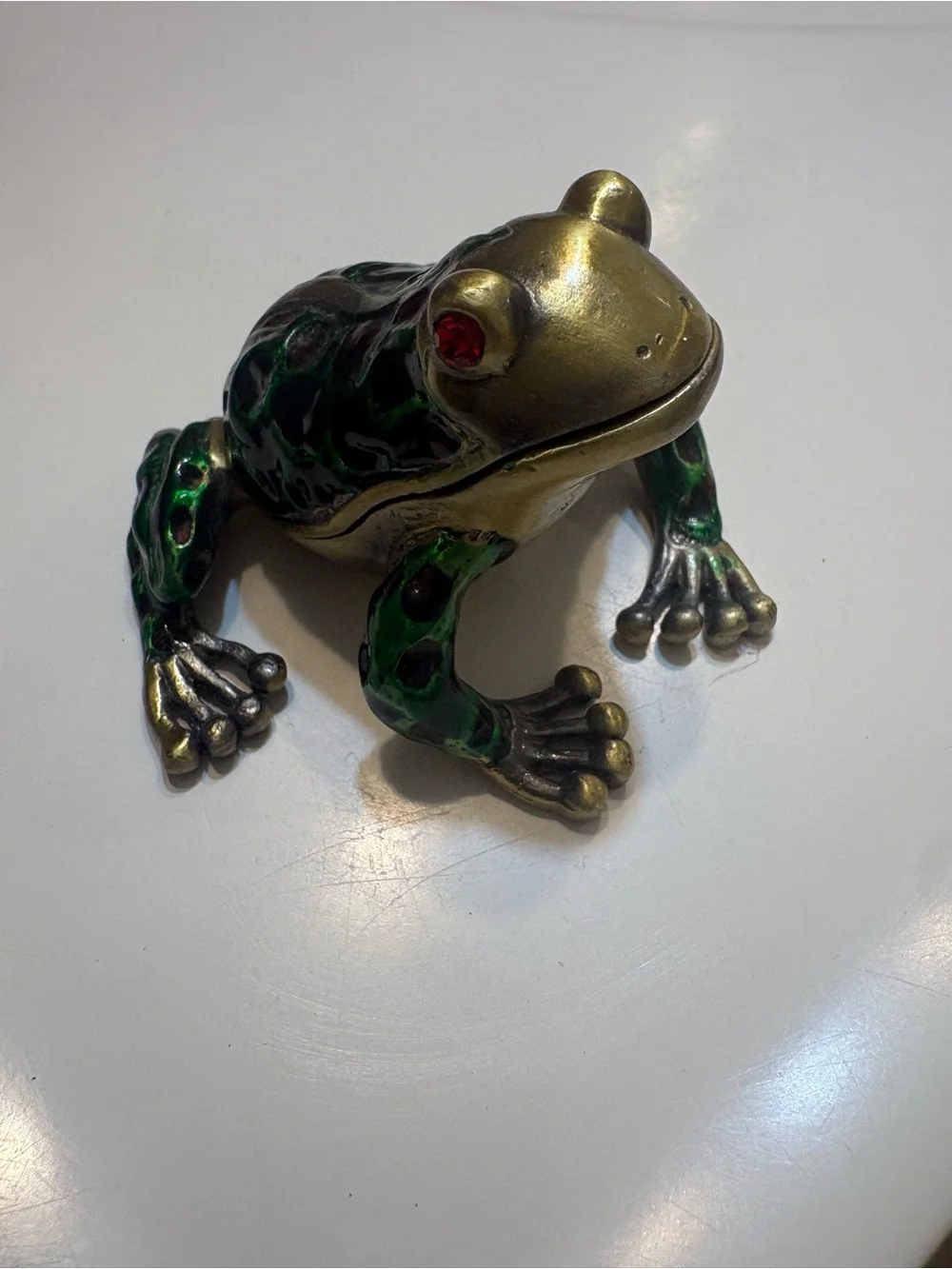 Monet Vintage Brass Green Frog Figurine with Red Eyes Decorative Reptile Accent